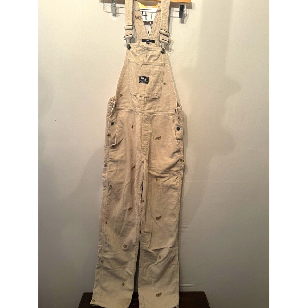 VANS Women’s Corduroy Overalls XS Beige Floral Embroidered Adjustable Pockets